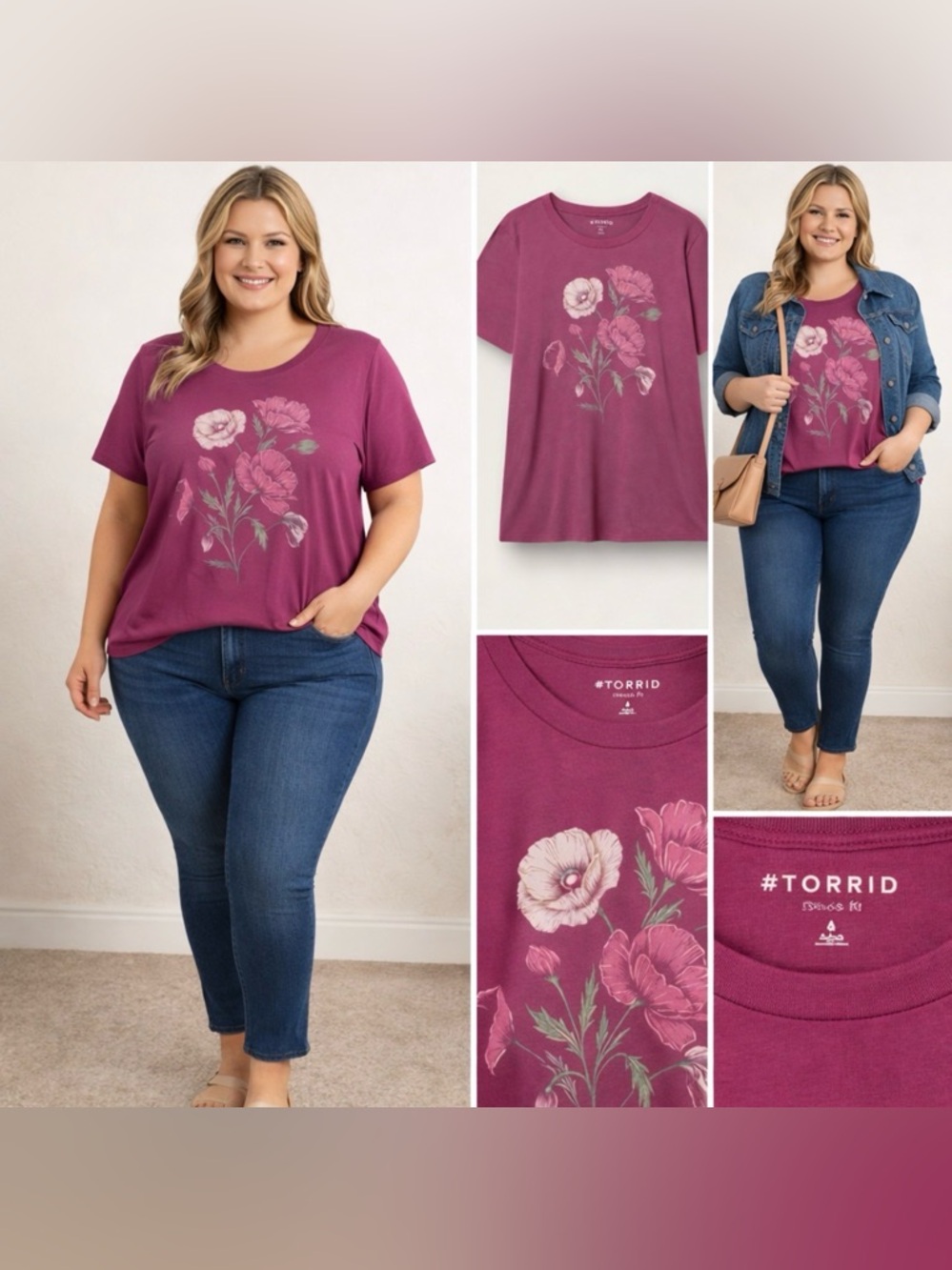 Torrid Classic Heritage Jersey Crew Floral Poppies Amaranth Graphic Tee NWT 4X